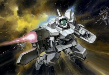 arm_shield armor assault_visor bayonet beam_rifle commentary_request energy_gun exhaust explosion firing flying full_body genoace_custom gun gundam gundam_age highres holding holding_gun holding_weapon laser mecha mecha_focus mobile_suit no_humans redesign robot science_fiction signature smoke solo solo_focus space star_(sky) weapon white_armor youkoumori