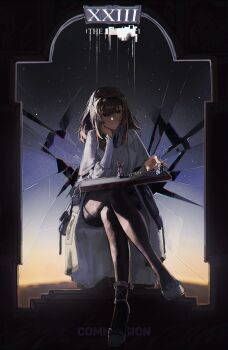1girl absurdres amiya_(arknights) arknights black_eyes black_thighhighs brown_hair card_(medium) coat doctor_(arknights) gandy_(gan3e46) highres kal&#039;tsit_(arknights) long_hair long_sleeves priestess_(arknights) shirt sidelighting sitting solo tarot tarot_(medium) thighhighs white_coat white_shirt