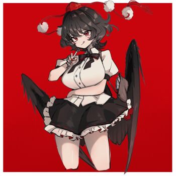 Rule 34 | 1girl, anderson m0311, arm under breasts, bag, black bow, black bowtie, black hair, black skirt, black wings, bow, bowtie, breasts, collared shirt, commentary, frills, hat, highres, holding, holding pen, large breasts, medium hair, nail polish, newspaper, pen, pom pom (clothes), red background, red eyes, red nails, shameimaru aya, shirt, short sleeves, shoulder bag, skirt, smile, solo, thighs, tokin hat, tongue, tongue out, touhou, wavy hair, white shirt, wings