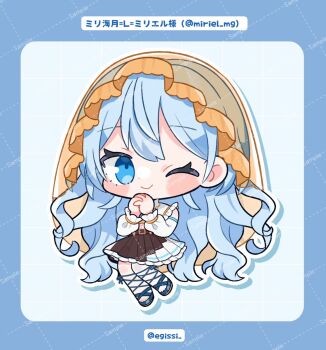 Rule 34 | 1girl, ;), ankle lace-up, black skirt, blue eyes, blue hair, blue sandals, blush stickers, character name, character request, chibi, chibi only, closed mouth, commentary request, copyright request, double-parted bangs, drop shadow, egissi, frilled skirt, frills, full body, highres, long hair, looking at viewer, navel, one eye closed, outline, own hands clasped, own hands together, pleated skirt, sample watermark, sandals, shirt, simple background, skirt, smile, solo, twitter username, veil, very long hair, watermark, watermark grid, white background, white outline, white shirt, yellow veil