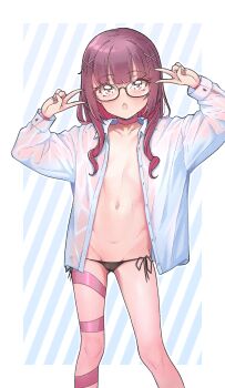 1girl absurdres black_panties border brown_hair choker collarbone commentary double_v fallenshadow feet_out_of_frame glasses hair_ornament hair_over_shoulder hands_up highres indie_virtual_youtuber loli long_eyelashes long_hair long_sleeves looking_at_viewer lowleg lowleg_panties navel no_bra open_clothes open_mouth open_shirt outside_border panties pettan_(zeez4743) pink_choker shirt side-tie_panties solo standing stomach straight-on string_panties striped_background unbuttoned underwear v variant_set virtual_youtuber white_border white_shirt x_hair_ornament