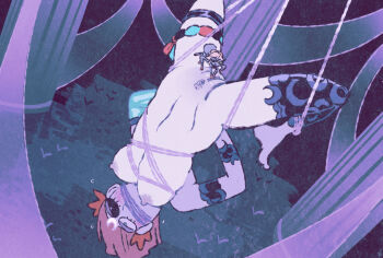 2girls arachne_(hades) arms_behind_back arthropod_girl asymmetrical_arms bdsm blonde_hair blush bondage bound bound_arms commentary english_commentary fingering gag gagged green_arm hades_(series) hades_2 heterochromia insect_girl melinoe_(hades) mini_person minigirl mismatched_sclera multiple_girls nude pussy see-through_body silk single_thighhigh size_difference skeletal_arm spider_girl suspension taylor_titmouse thighhighs upside-down yuri