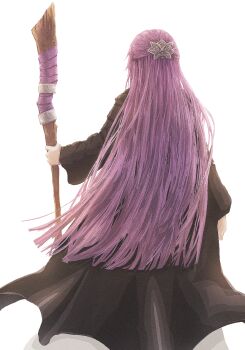 1girl arm_at_side black_coat butterfly_hair_ornament coat commentary_request fern_(sousou_no_frieren) from_behind full_body hair_focus hair_ornament half_updo highres holding holding_staff long_coat long_hair long_sleeves mage_staff pixel_art purple_hair simple_background solo sousou_no_frieren staff standing straight_hair suu804 very_long_hair white_background
