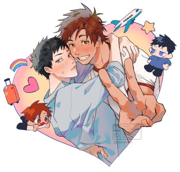 Rule 34 | 2boys, adam's apple, aircraft, airplane, arms around neck, black hair, black pants, blue eyes, blue shirt, blush, brown eyes, brown hair, chibi, closed eyes, commentary, danch (dunkindunat), english commentary, grin, heart, highres, jitome, lying, multiple boys, on stomach, open mouth, original, outstretched arm, pants, parted hair, rainbow, red trim, rolling suitcase, shirt, smile, suitcase, v, watermark, white background, white shirt, yaoi