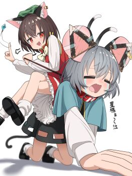 2girls absurdres all_fours animal_ear_fluff animal_ear_piercing animal_ears asakura_haru black_footwear black_skirt blush bow brown_hair capelet cardboard cat_ears cat_girl cat_tail chen closed_eyes crossed_legs crying dot_nose dress earrings green_hat grey_capelet grey_hair hat highres holding holding_leash jewelry leash long_sleeves mob_cap mouse_ears mouse_girl mouse_tail multiple_girls multiple_tails nazrin nekomata nose_blush open_mouth pendant pointing pointing_up puff_of_air pulling red_dress red_eyes short_hair simple_background single_earring sitting sitting_on_person skirt smile smug socks streaming_tears tail tape tears touhou two_tails white_background white_socks