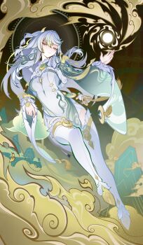 1girl absurdres blonde_hair chinese_commentary closed_eyes closed_mouth commentary_request dress floating full_body full_moon genius_invokation_tcg_(style) genshin_impact green_hair hair_ornament high_heels highres hongm long_hair long_sleeves moon multicolored_hair solo streaked_hair thighhighs white_dress white_hair xiangyun zibai_(genshin_impact)