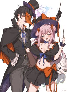1boy 1girl :d alternate_costume black_coat black_gloves black_hair black_hat blue_archive blue_ribbon bow breasts cleavage coat commentary_request cowboy_shot doodle_sensei_(blue_archive) double_bun fangs gloves hair_bun halloween_costume halo hand_on_own_hip hat highres holding holding_wand mika_(blue_archive) navel neck_ribbon open_mouth pants paper_on_head pink_hair red_bow red_eyes ribbon scrunchie sensei_(blue_archive) simple_background smile stomach top_hat vampire_costume wand white_background witch_hat wrist_scrunchie yellow_eyes yo_na