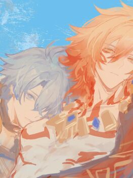 2boys absurdres antenna_hair black_choker black_coat black_shirt blonde_hair blue_eyes braid chest_tattoo chinese_commentary choker coat commentary_request earrings facial_tattoo gold_earrings gold_necklace gradient_hair highres honkai:_star_rail honkai_(series) jewelry male_focus medium_hair multicolored_hair multiple_boys mydei_(honkai:_star_rail) neck_tattoo necklace open_clothes open_coat parted_bangs phainon_(honkai:_star_rail) red_hair red_tattoo shirt short_hair side_braid tattoo white_hair yaoi yellow_eyes yuqiu777