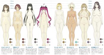 6+girls absurdres black_hair blonde_hair breasts brown_hair chart flat_chest gyaru height_chart height_comparison height_difference highres huge_breasts large_areolae large_breasts lineup long_hair masami_chie medium_breasts multiple_girls nipples no_pussy pink_hair short_hair small_areolae small_breasts small_nipples tan tanline