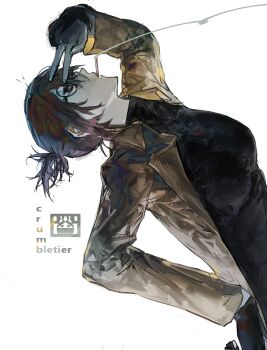 1girl arm_above_head artist_name black_gloves brown_hair brown_jacket cigarette commentary crumbletier from_side glasses gloves hand_on_own_hip highres jacket leaning leaning_back long_sleeves looking_up messy_hair open_clothes open_jacket profile short_hair simple_background smoke smoke_trail solo turtleneck uguisu_anko upper_body v white_background yofukashi_no_uta