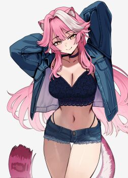 Rule 34 | 1girl, alternate costume, animal ears, arms behind head, arms up, black camisole, black choker, blue jacket, blue shorts, breasts, camisole, center-flap bangs, choker, cleavage, closed mouth, commentary, crop top, denim, denim jacket, denim shorts, double-parted bangs, eneeues, english commentary, highleg, highleg panties, highres, hololive, hololive english, jacket, large breasts, long hair, looking at viewer, navel, open clothes, open fly, open jacket, panther ears, panther girl, panther tail, panties, panty straps, pink hair, raora panthera, short shorts, shorts, sidelocks, simple background, solo, standing, stomach, tail, underwear, very long hair, virtual youtuber, white background, white streaks, yellow eyes