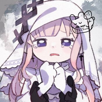 Rule 34 | 1girl, blonde hair, blunt bangs, commentary request, cross, cross earrings, earrings, frilled sleeves, frills, frown, gloves, grey background, hands up, hikami meruru, jewelry, long hair, long sleeves, looking at viewer, mahou shoujo no majo saiban, open mouth, priestess, purple eyes, solo, tearing up, upper body, veil, white gloves, white veil, yknsugar