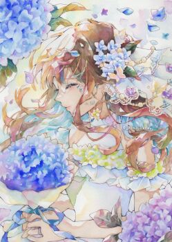 1girl artist_name backlighting bare_shoulders bouquet bride brown_hair closed_mouth collar commentary_request dress earrings falling_petals floating_hair flower frilled_collar frills from_side hair_flower hair_ornament highres holding hydrangea jewelry kanaukanau lace long_hair multicolored_hair necklace original painting_(medium) pale_skin petals ribbon sidelocks simple_background smile solo traditional_media upper_body watercolor_(medium) watermark wavy_hair white_dress