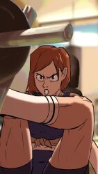 1girl alternate_muscle_size animated bronksson1 brown_eyes brown_hair brown_shirt clenched_teeth exercising gym jujutsu_kaisen kugisaki_nobara leg_press_machine legs muscular muscular_female muscular_legs shirt short_hair shorts socks solo sound tagme teeth video