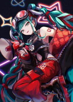 Rule 34 | 1girl, 39, absurdres, alternate costume, aqua eyes, aqua hair, arm tattoo, baggy pants, black leotard, black shoes, blunt bangs, braid, breasts, chain, chain necklace, clothing cutout, commentary request, detached hair, goggles, goggles on head, hatsune miku, highres, holding, holding megaphone, jacket, jewelry, leotard, long hair, long sleeves, looking at viewer, magical mirai (vocaloid), magical mirai miku, magical mirai miku (2023), medium breasts, megaphone, navel cutout, necklace, number tattoo, official alternate hairstyle, open mouth, pants, pipi (pipinavigation), red hair, red jacket, red nails, ring hair ornament, shoes, smile, solo, tattoo, twin braids, twintails, very long hair, vocaloid