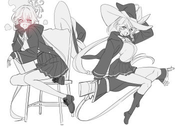 1girl blue_archive blush bolt_action bow bowtie breasts carcano chair collared_shirt commentary_request eri_(blue_archive) full_body gun hair_between_eyes halo hat highres jacket jshnimzz large_breasts long_hair long_sleeves looking_at_viewer multiple_views open_mouth rifle shirt shoes simple_background sitting skirt socks solo spot_color sweatdrop thighs unfinished unworn_hat unworn_headwear weapon white_background witch_hat