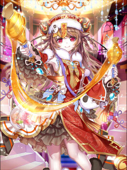 1girl animal_bag armpits bag baizu_(guszx) bell boots braid breasts china_dress chinese_clothes dress feet_out_of_frame flipped_hair frilled_dress frills hand_up hat highres holding indoors jiangshi knee_boots long_hair looking_at_viewer official_art ofuda ofuda_on_head outstretched_arm panda panda_bag pantyhose pelvic_curtain reaching reaching_towards_viewer red_dress red_hat shao_fu_(shironeko_project) shironeko_project sidelocks sleeveless sleeveless_dress smile solo stairs standing tachi-e tareme third-party_source white_pantyhose wide_sleeves