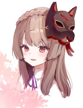 Rule 34 | 1girl, :d, blunt bangs, blunt ends, blush, braid, brown hair, commentary request, cropped torso, crown braid, fox mask, hair ornament, hair stick, heaven burns red, highres, japanese clothes, kiryuu miya, korean commentary, long hair, looking at viewer, mask, mask on head, milchu, mole, mole under eye, neck ribbon, open mouth, portrait, red eyes, ribbon, shirt, sidelocks, simple background, smile, solo, white background, white shirt