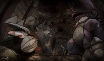 1boy commentary_request excadrill gen_1_pokemon gen_5_pokemon gloves helmet highres long_sleeves mine_(place) nidoking nintendo open_mouth pants pokemon pokemon_(creature) pokemon_bw rhydon rock shovel standing tamamochi tongue worker_(pokemon)