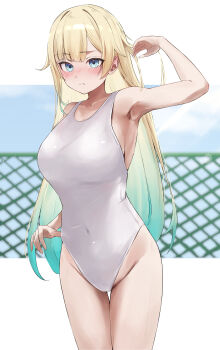Rule 34 | 1girl, absurdres, adjusting clothes, adjusting swimsuit, aizawa ema, alternate costume, aqua hair, aqua streaks, blonde hair, blue eyes, blush, breasts, commentary request, covered navel, gradient hair, hair flaps, highres, large breasts, long hair, looking at viewer, multicolored hair, nervous, one-piece swimsuit, outdoors, sakahana, simple background, solo, swimsuit, thighs, virtual youtuber, vspo!, white one-piece swimsuit