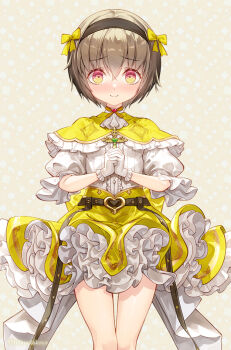 1girl belt belt_buckle black_belt black_hairband blush bow brown_background brown_hair buckle capelet center_frills closed_mouth commentary_request cracking_knuckles frilled_capelet frills fujima_takuya gloves hair_between_eyes hair_bow hairband heart heart-shaped_buckle jashin-chan_dropkick looking_at_viewer nose_blush pekora_(jashin-chan_dropkick) puffy_short_sleeves puffy_sleeves red_eyes shirt short_hair short_sleeves skirt solo white_gloves white_shirt yellow_bow yellow_capelet yellow_skirt