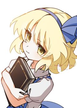 1girl alice_margatroid alice_margatroid_(pc-98) blonde_hair blue_hairband blue_skirt book closed_mouth commentary_request hairband highres holding holding_book hugging_book hugging_object illust_atelier3 looking_at_viewer one-hour_drawing_challenge puffy_short_sleeves puffy_sleeves shirt short_hair short_sleeves signature simple_background skirt smile solo suspender_skirt suspenders touhou touhou_(pc-98) watermark white_background white_shirt yellow_eyes