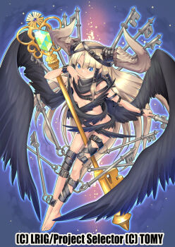 1girl barefoot black_wings blonde_hair blue_eyes breasts commentary_request copyright_notice holding holding_key ishibashi_yosuke key looking_at_viewer navel official_art revealing_clothes small_breasts solo two_side_up umr_(wixoss) wings wixoss