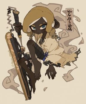 1girl artist_name bandaged_leg bandages barefoot blonde_hair blue_eyes chest_sarashi closed_mouth commentary_request dark-skinned_female dark_skin drill_hair earclip eyebrow_cut fingernails full_body highres holding holding_weapon invisible_chair japanese_clothes kimono long_hair long_sleeves looking_at_viewer nintendo octoling octoling_girl octoling_player_character p0m4_p0m4 parted_bangs sarashi sharp_fingernails sharp_toenails simple_background sitting solo splatana_wiper_(splatoon) splatoon_(series) splatoon_3 tentacle_hair thick_eyebrows toenails torn_clothes torn_kimono torn_sleeves twin_drills v-shaped_eyebrows very_dark_skin weapon white_background white_kimono wide_sleeves