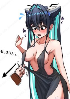 1boy 1girl artist_name bare_shoulders black_dress black_eyes black_hair blue_hair blush breasts cleavage collarbone commander_(nikke) cowboy_shot da_kuronikorasu dress embarrassed goddess_of_victory:_nikke hair_intakes highres large_breasts little_mermaid_(nikke) multicolored_hair open_mouth revealing_clothes sideboob simple_background standing twintails two-tone_hair white_background