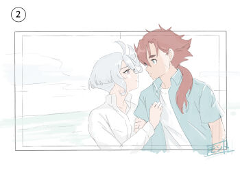 Rule 34 | 2girls, arm hug, blue eyes, blue shirt, closed mouth, commentary request, grey eyes, gundam, gundam suisei no majo, highres, jewelry, long hair, miorine rembran, monto (user dmde2437), multiple girls, ocean, outdoors, ponytail, red hair, ring, scar, scar on face, shirt, short hair, suletta mercury, thick eyebrows, wedding ring, white hair, white shirt, wife and wife, yuri