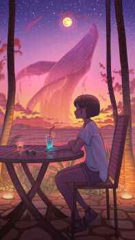1girl black_hair bob_cut candle chair closed_eyes cloud cup drinking_straw evening fantasy food fruit full_moon gradient_sky highres moon mountainous_horizon ocean orange_(fruit) orange_skirt orange_slice original palm_tree pasoputi purple_sky scenery shirt short_hair sidelocks sitting skirt sky star_(sky) sunglasses sunset t-shirt table tree unworn_eyewear whale white_shirt
