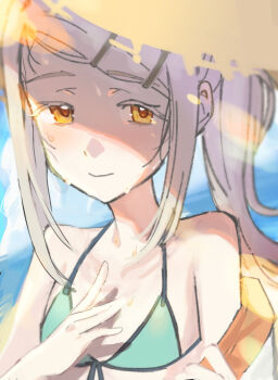 1girl bare_shoulders beach bikini closed_mouth cloud collarbone colored_eyelashes commentary_request front-tie_bikini_top front-tie_top gakuen_idolmaster grey_hair hair_ornament hairclip hand_on_own_chest hat highres horizon idolmaster jacket kimi_to_semi_blue_(idolmaster) long_hair looking_at_viewer ocean off_shoulder orange_eyes orange_jacket outdoors parallel_hairclips ponytail shade shinosawa_hiro sky solo straw_hat sumomo_otome sun_hat sweat swimsuit two-sided_fabric upper_body white_jacket