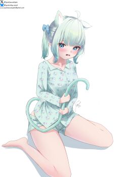 1girl absurdres alternate_hairstyle animal_ears blue_eyes bluesky_username blush cat_ears cat_girl cat_tail character_print commentary densetsu.exe email_address embarrassed english_commentary grabbing_own_tail gradient_hair green_hair green_pajamas green_shorts highres holding_own_tail kemonomimi_mode low_twintails mint_fantome multicolored_hair pajama_shorts pajamas shadow short_hair shorts simple_background sitting solo syxh tail twintails twitter_username virtual_youtuber wariza white_background wisps_(mint_fantome)