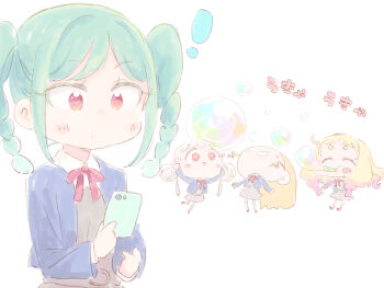 ! +_+ 4girls :d ^_^ arashi_chisato blonde_hair blue_jacket blush blush_stickers braid chibi closed_eyes collared_shirt commentary_request double_bun dress dress_shirt gradient_hair grey_dress hair_bun heanna_sumire jacket long_hair long_sleeves love_live! love_live!_superstar!! low_twin_braids multicolored_hair multiple_girls neck_ribbon nekokun onitsuka_natsumi onitsuka_tomari open_clothes open_jacket open_mouth orange_eyes pinafore_dress pink_hair red_eyes red_ribbon ribbon school_uniform shirt simple_background sleeveless sleeveless_dress smile translation_request twin_braids twintails white_background white_shirt winter_uniform yuigaoka_school_uniform