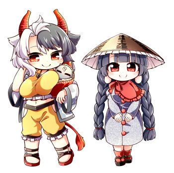 0-den 2girls absurdres ajirogasa animal_ears animal_print black_hair black_sandals blunt_bangs blush bow braid breasts buttons capelet chibi chibi_only closed_mouth clothes_writing clothing_cutout cow_ears cow_girl cow_horns cow_print dress frills full_body grey_dress hand_on_own_head hand_up hat highres horns jacket large_breasts long_earlobes long_hair long_sleeves looking_at_viewer low-braided_long_hair low-tied_long_hair midriff multicolored_hair multiple_girls navel open_clothes open_jacket red_bow red_capelet red_eyes red_shoes red_socks sandals shoes short_hair shorts simple_background smile socks standing statue tank_top touhou transparent_background twin_braids two-tone_hair ushizaki_urumi white_hair white_jacket wide_sleeves yatadera_narumi yellow_hat yellow_shorts yellow_tank_top