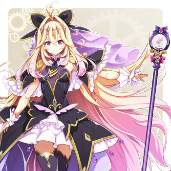 1girl antenna_hair black_bow black_capelet black_dress black_thighhighs blonde_hair bow brooch capelet closed_mouth commentary cowboy_shot cure_arcana_shadow dress frilled_capelet frills gears gradient_hair hair_bow hair_intakes hamuhamu heart heart_brooch highres jewelry long_hair looking_at_viewer magical_girl medium_dress meitantei_precure! moria_luluka multicolored_hair precure purple_eyes purple_veil sleeveless sleeveless_dress smile solo standing tear_arcana_rod thighhighs veil very_long_hair wrist_cuffs