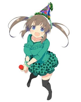 Rule 34 | 1girl, :d, animal print, black thighhighs, blue eyes, blush, bracelet, breasts, brown hair, collarbone, fang, frilled shirt, frills, green shirt, green skirt, hair ornament, happy birthday, hat, holding, jewelry, large breasts, leopard print, long hair, looking at viewer, minori (senran kagura), object request, official art, open mouth, party hat, pleated skirt, ring hair ornament, senran kagura, senran kagura new wave, senran kagura shinovi versus, shirt, simple background, skirt, smile, solo, standing, thighhighs, twintails, white background
