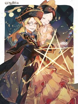 Rule 34 | 1boy, 1girl, absurdres, bicorne, black cape, black hair, black hat, black jacket, black pants, blank eyes, blonde hair, border, brooch, brother and sister, cape, christina (identity v), closed eyes, commentary request, conjoined, dress, eyeshadow, feet out of frame, gloves, hanaon, hand to own mouth, hat, highres, holding, holding fireworks, identity v, jacket, jewelry, long hair, long sleeves, makeup, melting, monocle, night, orange dress, outside border, pants, parted bangs, parted lips, philippe (fury) (identity v), philippe (identity v), red eyeshadow, shirt, siblings, smile, standing, star (symbol), string of light bulbs, swept bangs, twitter username, wax, white border, white gloves, white shirt, wingtip collar