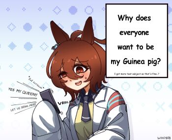 Rule 34 | 1girl, agnes tachyon (tach-nology) (umamusume), agnes tachyon (umamusume), ahoge, animal ears, black necktie, blush, brown hair, cellphone, earrings, english text, hair between eyes, highres, holding, holding phone, horse ears, horse girl, jewelry, lab coat, long sleeves, necktie, phone, shirt, single earring, sleeves past fingers, sleeves past wrists, solo, sweatdrop, sweater, umamusume, upper body, who 808