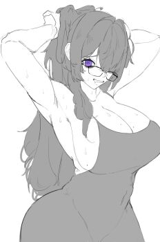 1girl absurdres bags_under_eyes black_dress breasts cleavage dress drooling glasses goddess_of_victory:_nikke highres label_(nikke) large_breasts long_hair looking_at_viewer mole mole_on_breast mouth_drool open_clothes purple_eyes sidelocks simple_background smile solo sweat sweatdrop taut_clothes taut_dress tight_clothes white_background