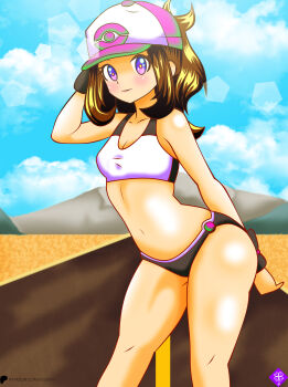 absurdres breasts cap desert highres hilda_(pokemon) lucky-jj nintendo patreon pokemon pokemon_bw simple_background small_breasts tagme