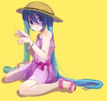 1girl alternate_hairstyle bare_arms bare_legs bare_shoulders blank_stare blue_eyes blue_hair bound bound_wrists bow collarbone commentary_request confused cuffed cuffs d: double-parted_bangs dress eyes_visible_through_hair hair_between_eyes handcuffs hat hatsune_miku highres jewelry key key_necklace long_hair mochiusasa necklace open_mouth parted_lips pink_bow pink_dress pink_sandals polka_dot polka_dot_dress ringed_eyes sandals shade short_dress simple_background sitting sleeveless sleeveless_dress solo straight_hair straw_hat sun_hat sundress triangle_mouth very_long_hair vocaloid waist_bow wariza yellow_background