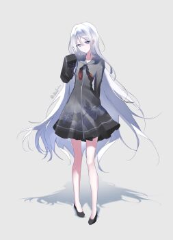 1girl arm_behind_back bare_legs black_dress black_ribbon black_shoes blue_eyes closed_mouth collarbone commentary dot_nose dress flat_chest flats floral_print flower full_body gradient_clothes gradient_dress gradient_ribbon grey_background grey_dress hair_between_eyes hand_up highres hood hood_down hooded_dress johyang_e long_hair long_sidelocks long_sleeves looking_at_viewer messy_hair poinsettia project_sekai red_ribbon ribbon shadow shoes short_dress sidelocks simple_background sleeves_past_fingers sleeves_past_wrists solo standing straight_hair symbol-only_commentary twitter_username very_long_hair white_hair yoisaki_kanade zipper zipper_dress