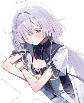 Rule 34 | 1girl, ?, absurdres, breasts, colored eyelashes, dress, earrings, grey hair, hair intakes, hair ornament, hair over one eye, halo, highres, jacket, jewelry, long hair, looking at viewer, mornye (wuthering waves), parted lips, purple dress, red eyes, sitting, small breasts, solo, syhan, triangle earrings, white jacket, wuthering waves