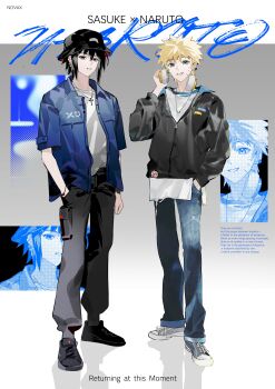 Rule 34 | 2boys, absurdres, alternate costume, black hair, black hat, black jacket, blonde hair, blue eyes, blue jacket, bucket hat, character name, chinese commentary, commentary, cross, cross earrings, cross necklace, ddddaob, denim, earrings, english text, facial mark, full body, grey eyes, hair between eyes, hand in pocket, hat, headphones, headphones around neck, highres, jacket, jeans, jewelry, male focus, multiple boys, naruto (series), necklace, open clothes, open jacket, pants, parted lips, shadow, shirt, smile, standing, uchiha sasuke, uzumaki naruto, white shirt