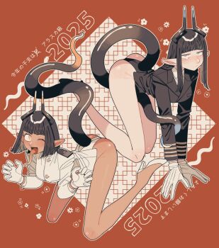 2025 2girls alaska_(pote) all_fours ass blue_eyes breasts brown_hair chinese_zodiac gloves highres horns lizard_tail long_hair medium_breasts medium_hair military_uniform multiple_girls original pointy_ears pote_(aonibi_kairou) sidelocks tail tongue tongue_out white_gloves year_of_the_snake yellow_eyes
