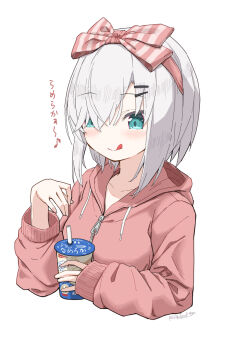 1girl ars_almal blush bow bow_hairband breasts cropped_torso drinking_straw hair_between_eyes hair_ornament hairband hairclip highres hood hood_down hoodie jacket licking_lips long_sleeves medium_breasts nijisanji pajamas parallel_hairclips pink_hoodie pink_jacket pink_ribbon ribbon short_hair sleepwear smile solo striped_bow tatami_kami tongue tongue_out virtual_youtuber white_hair yogurt