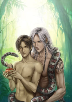 adam apple bible_(object) biblical blue_eyes brown_hair food fruit male_focus nude satan_(mythology) silver_hair snake yaoi