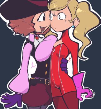 >:( 2girls :d angry asymmetrical_docking blonde_hair bodysuit breast_envy breast_press breasts earrings explosive gloves grenade hat hug jewelry large_breasts multiple_girls okumura_haru open_mouth persona persona_5 persona_5_tactica plow_(witch_parfait) red_bodysuit red_hair small_breasts smile takamaki_anne v-shaped_eyebrows zipper