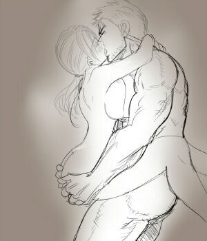 Rule 34 | 1boy, 1girl, ass, beard stubble, breasts, chris redfield, closed eyes, completely nude, facial hair, french kiss, from side, grey background, jill valentine, kiss, long hair, nagare, nude, ponytail, resident evil, sex, sketch, stubble